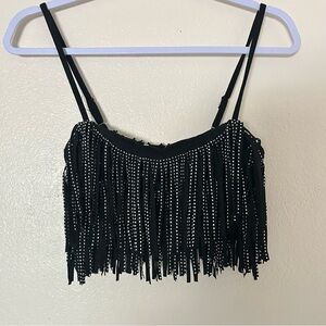 Black Fringe Embellished Women's Crop Top